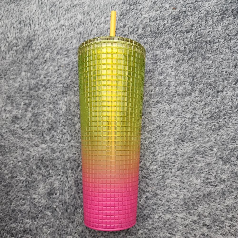 Starbucks Tumbler Cup Pink and Yellow Grid Textured Design Venti